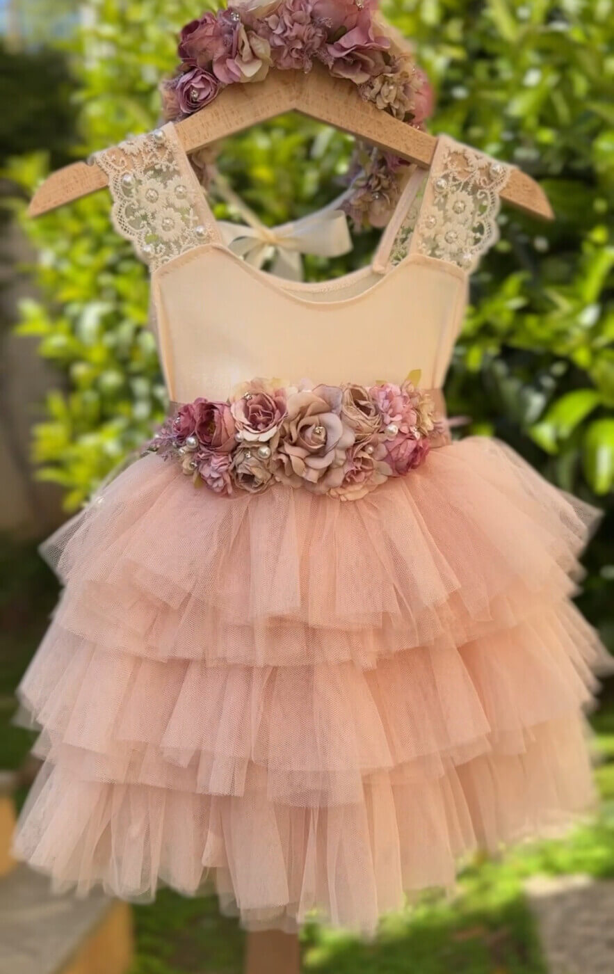 “Veronica” luxury τούλινο φόρεμα με χειροποίητη floral ζώνη