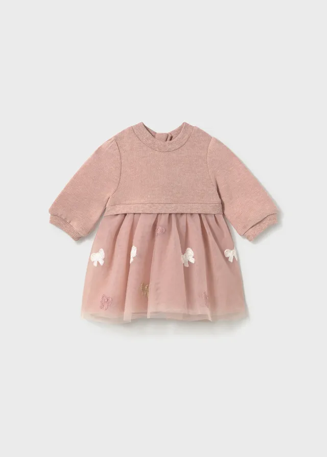 Mayoral βρεφικό φόρεμα dusty pink με τούλι και κεντημένα φιογκάκια